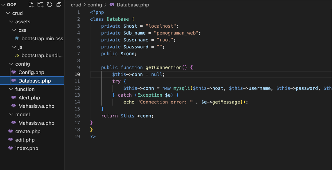 Koneksi database dengan database.php